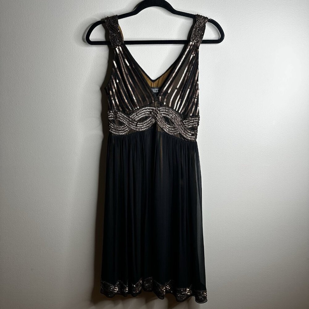 Adrianna Papell Formal Dress 4 Silk Sequins Bronze Gold Whimsigoth Babydoll‎ Y2K